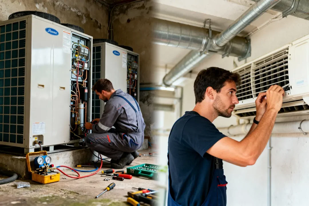 Techniciens ajustant des systèmes CVC dans un bâtiment, utilisant des outils spécialisés et vérifiant les connexions.