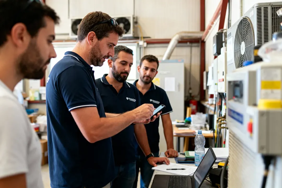Quatre hommes discutant et regardant un smartphone dans un atelier industriel. Document et ordinateur portable visibles.
