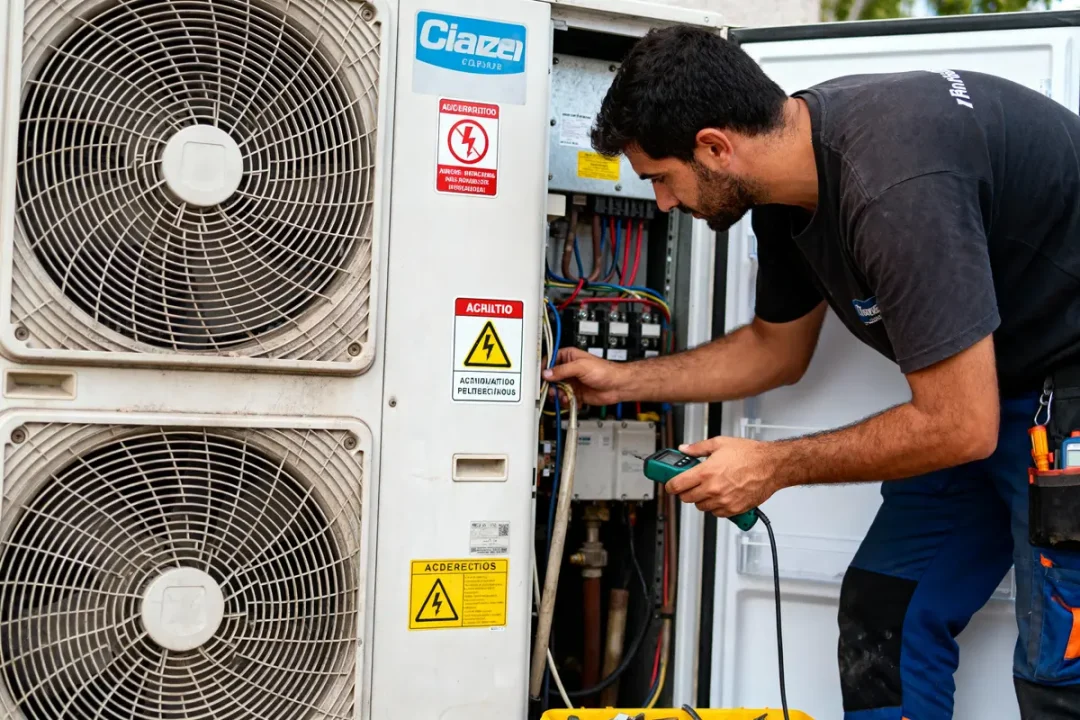Technicien répare un climatiseur, utilisant un outil de diagnostic, entouré d'avertissements électriques et câblage exposé.