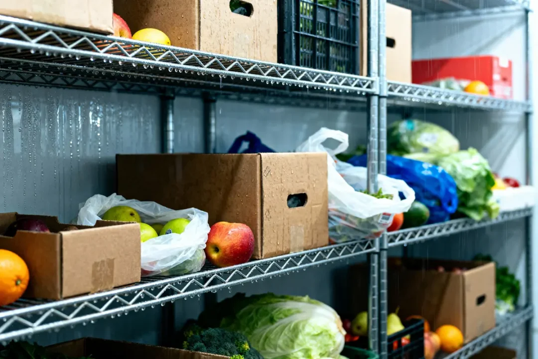 Étagères métalliques avec fruits et légumes frais, stockés dans des boîtes en carton, sacs plastiques dans une chambre froide.