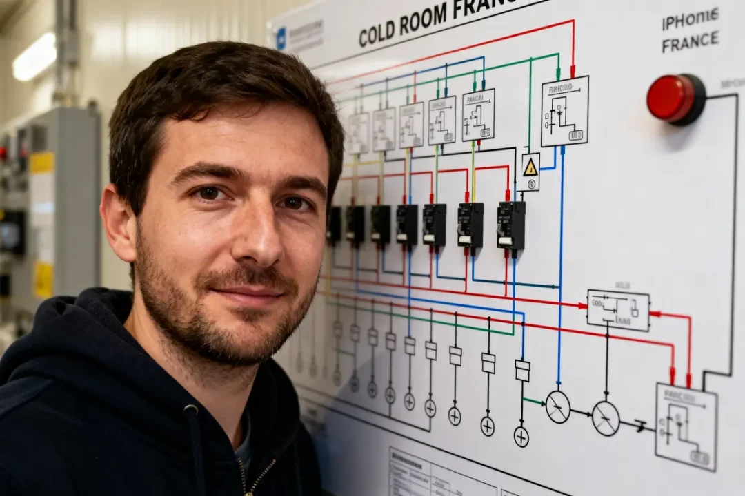 Homme souriant devant un panneau de contrôle électronique avec schémas colorés et étiquettes en arrière-plan.