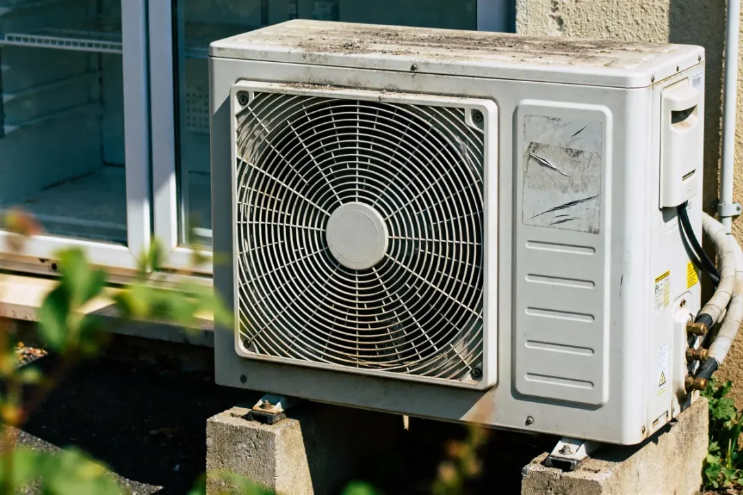 Unité extérieure de climatiseur posée sur blocs en béton, près d'une fenêtre.