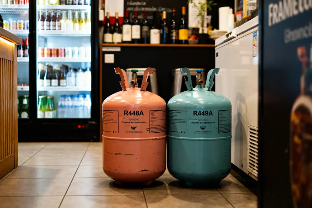 Deux bouteilles de gaz réfrigérant R448A et R449A dans un local commercial avec boissons