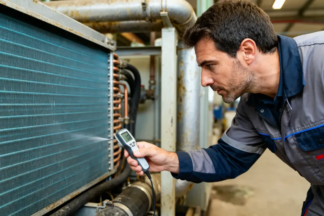 Technicien mesurant la température d'un évaporateur pour le calcul du sous-refroidissement frigorifique