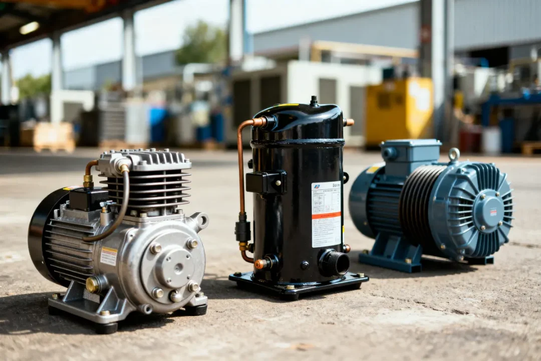 Trois compresseurs frigorifiques industriels exposés dans un entrepôt lumineux et spacieux