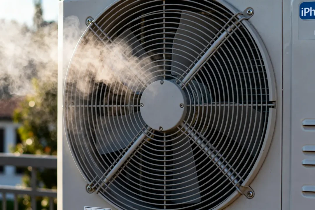 Ventilateur fonctionnant sur un condenseur à air avec vapeur visible lors du refroidissement