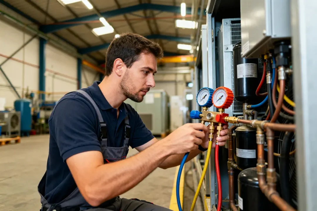 Technicien effectuant un contrôle d'étanchéité des circuits frigorigènes avec manomètres industriels colorés