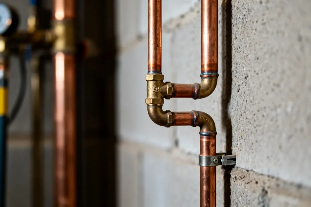 Tuyauterie cuivre en réfrigération avec raccords fixés au mur en béton gris