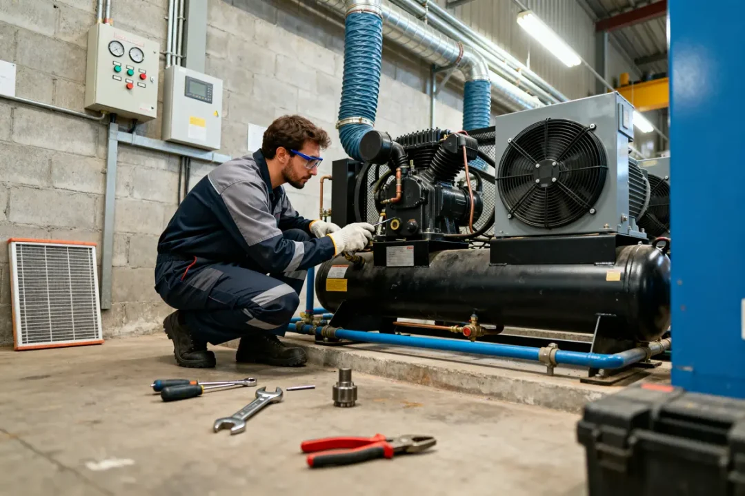 Technicien BTS FED option B réparant un compresseur industriel avec outils et équipements divers