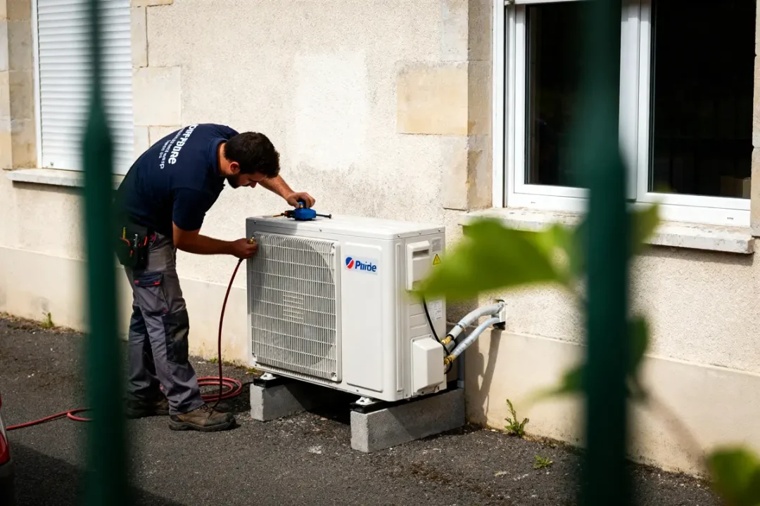 Technicien répare unité extérieure pour CAP froid et climatisation installation maintenance bâtiment résidentiel