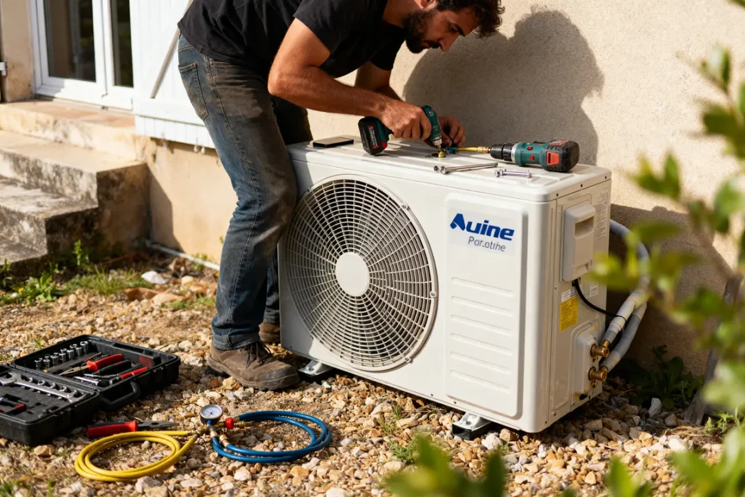 Homme utilisant une perceuse pour installer une climatisation soi-même à l'extérieur d'une maison