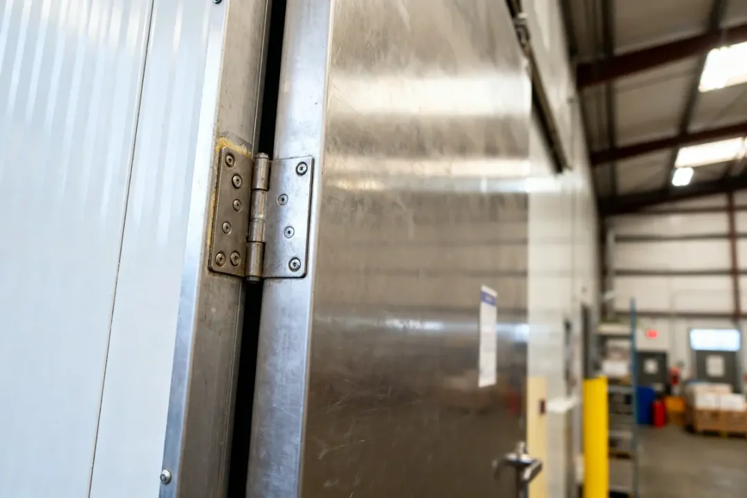 Gros plan sur joint de porte de chambre froide en métal avec charnière robuste