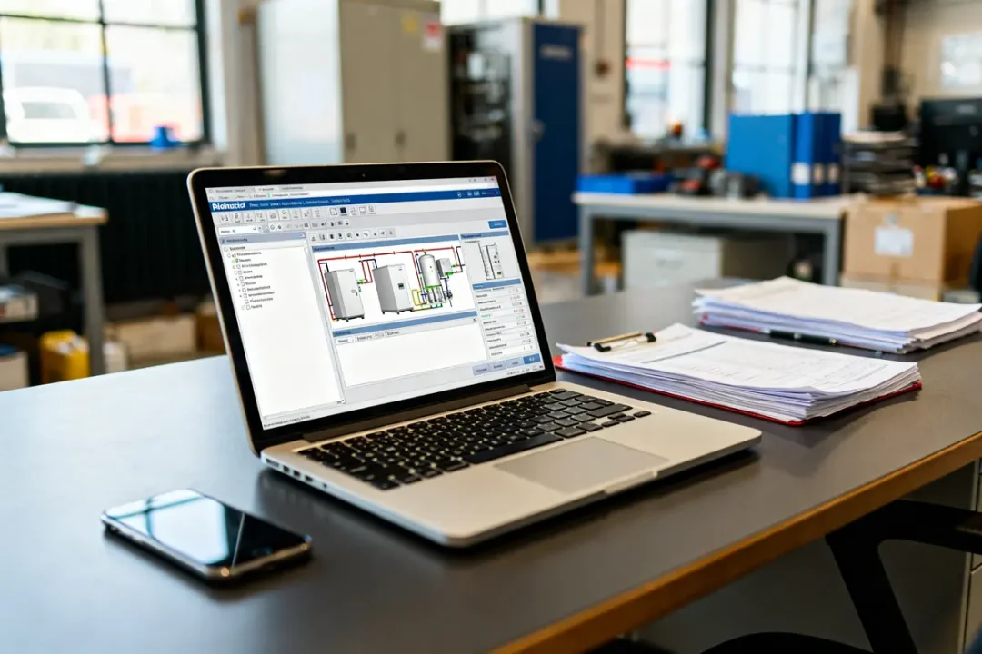 Ordinateur avec logiciel de gestion frigoriste affiché sur un bureau avec documents et téléphone