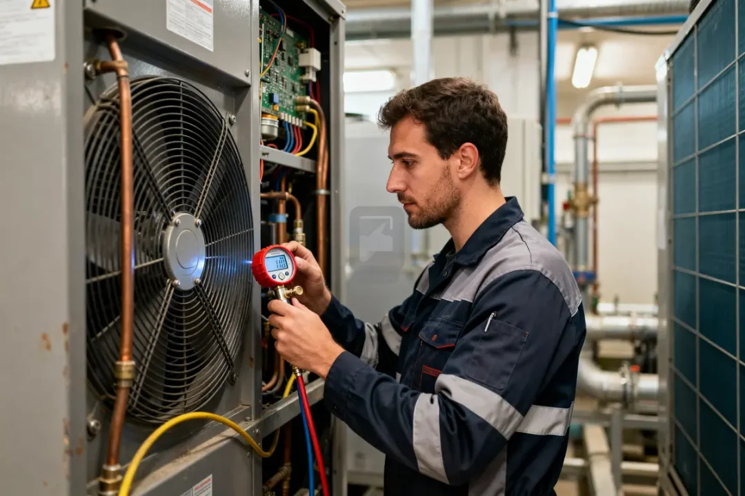 Technicien effectuant une maintenance préventive frigorifique sur un système de refroidissement industriel.