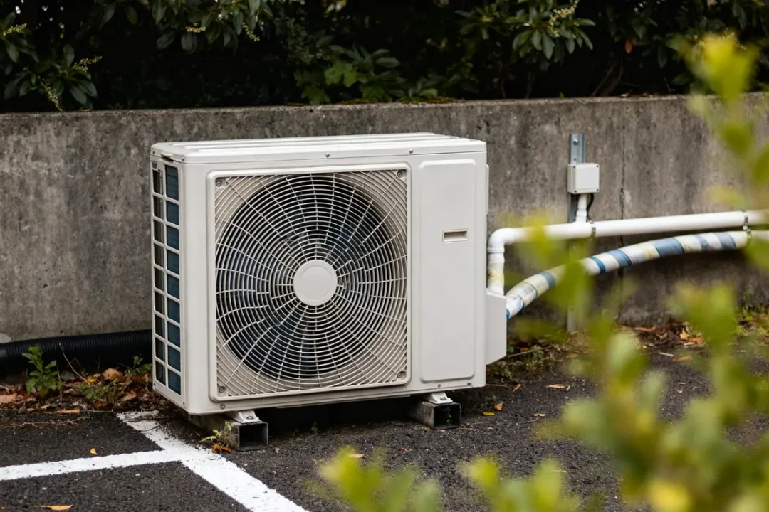 Unité extérieure de pompe à chaleur air air installée dans une cour bétonnée