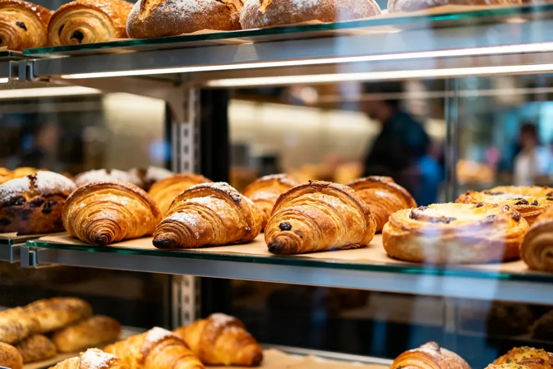 Croissants et pains au chocolat dans une vitrine réfrigérée boulangerie avec pâtisseries fraîches.